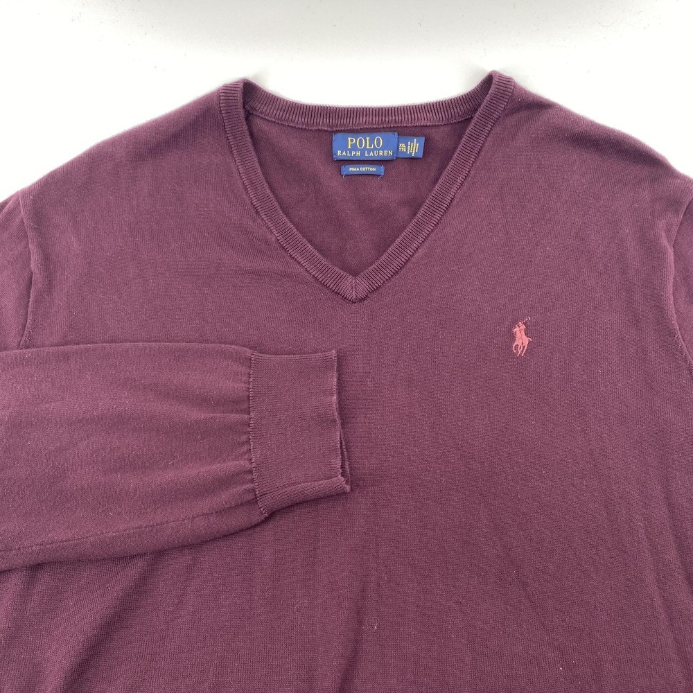Polo Ralph Lauren Sweater Mens 2XL Burgundy Pima Cotton V‎ Neck Knit Pullover